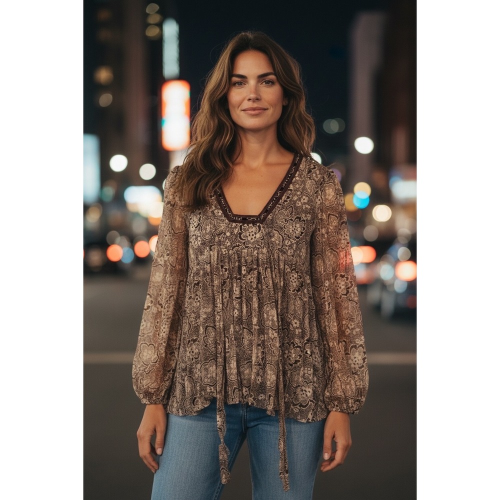 Anna Sui Vintage Y2K Floral Lace Babydoll Top Women Size 8 Brown Excellent Boho
